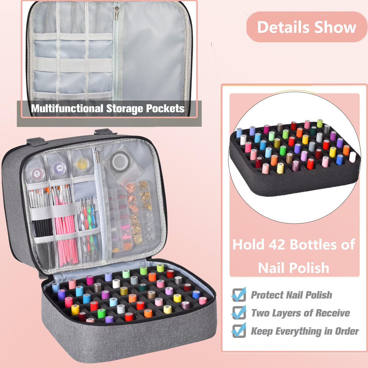 FCQQYWZ Nail Polish Organizer lower compartment holds 42+ bottles securely