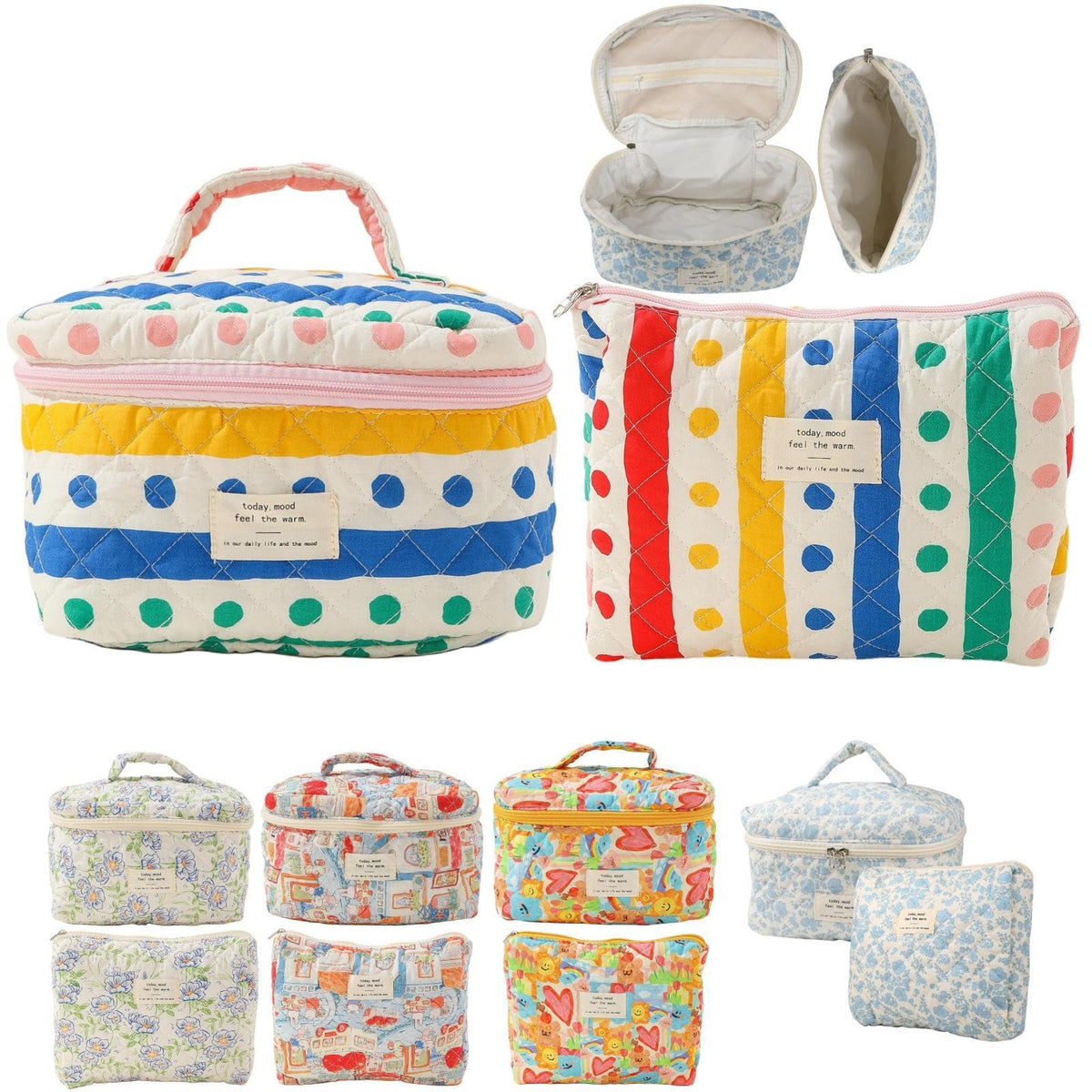 Fcteap makeup bag with colorful dots and a large opening for easy packing on trips.