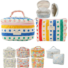 Fcteap makeup bag with colorful dots and a large opening for easy packing on trips.