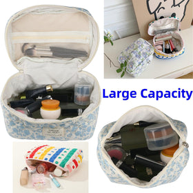 Fcteap makeup bag with leather top handle for easy carrying.