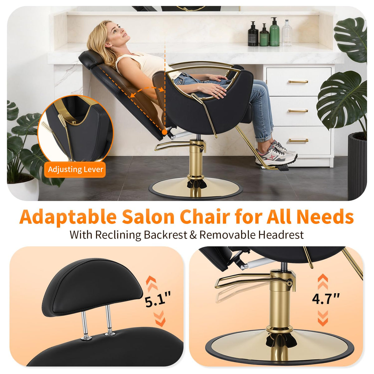 FDW professional salon chair reclining backrest, comfortable angles for client relaxation and easy access.