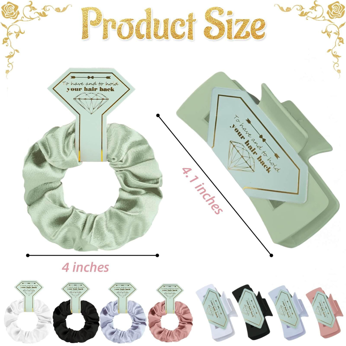 Featch bridesmaid gift pack shows eight claw clips and eight scrunchies