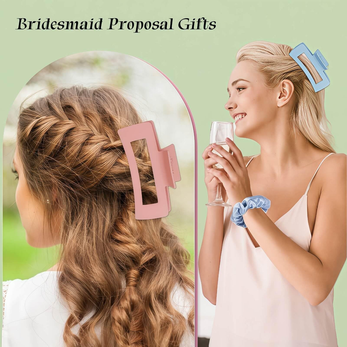 Featch bridesmaid hair claw clip in sage adds elegant wedding styling
