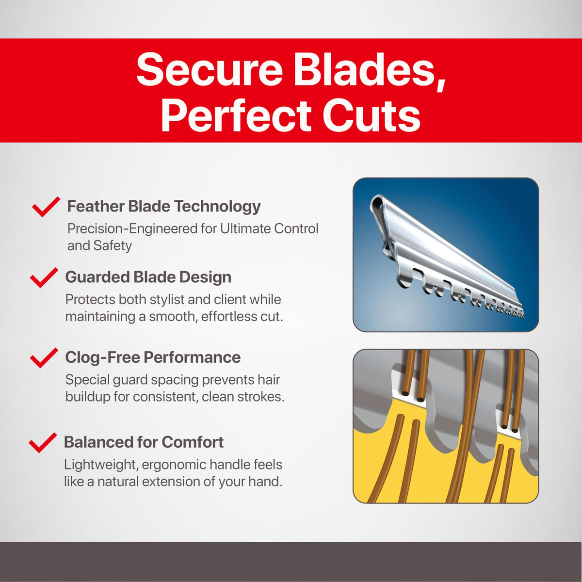 Feather blade options with Standard, R-Type, and Texturizing for versatile styling