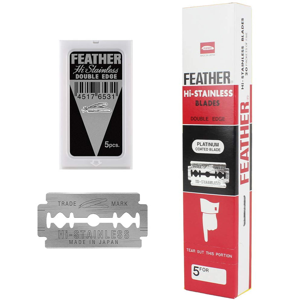 Feather Double Edge Blades box shows premium packaging for precise shaves.