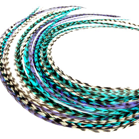 Feather Headz 21 Purple White Turquoise Grizzly extensions for bold boho style.