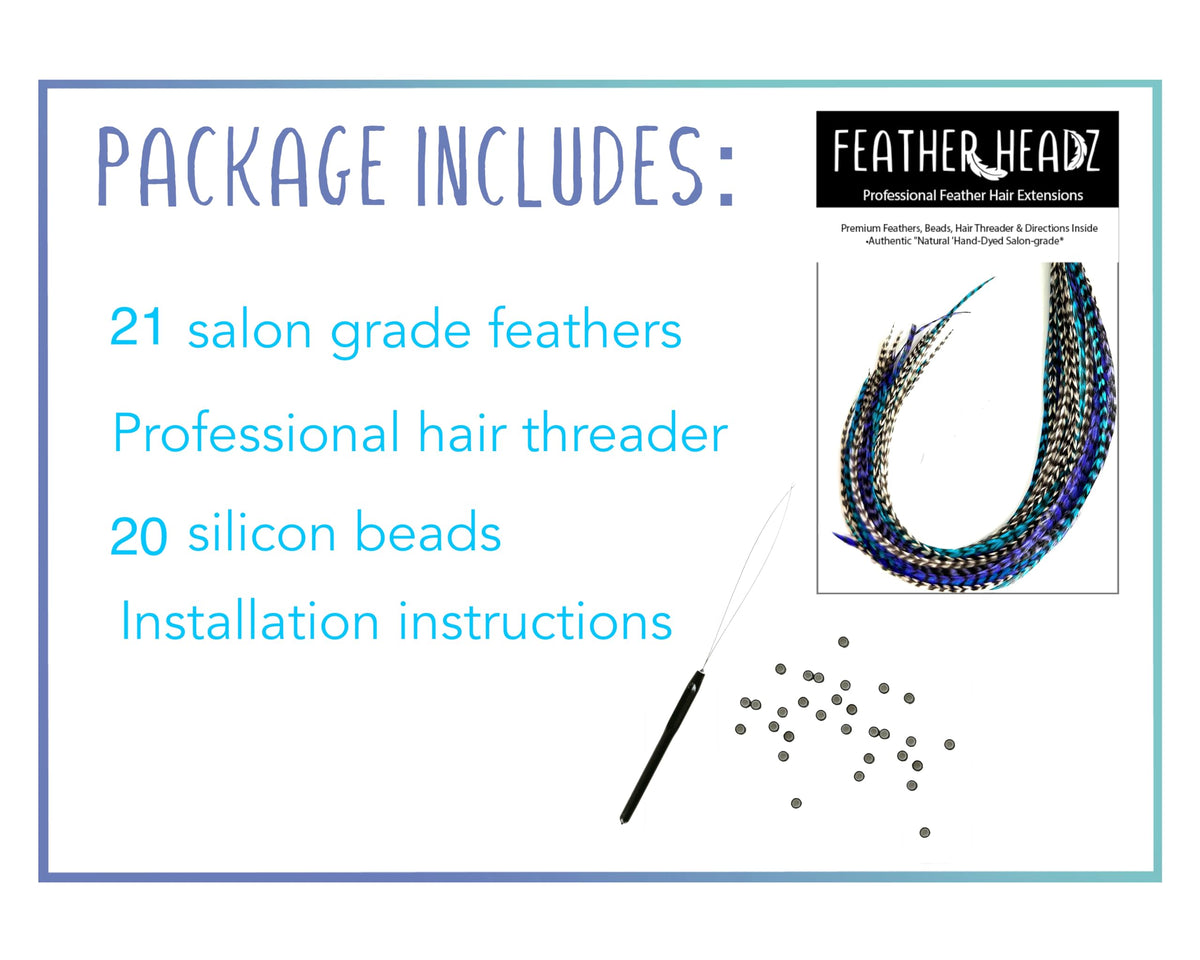 Feather Headz purple white turquoise grizzly extensions ready to blend naturally.