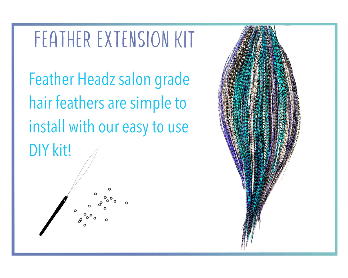 Feather Headz 21 Purple White Turquoise Grizzly extensions installed with micro-link beads.