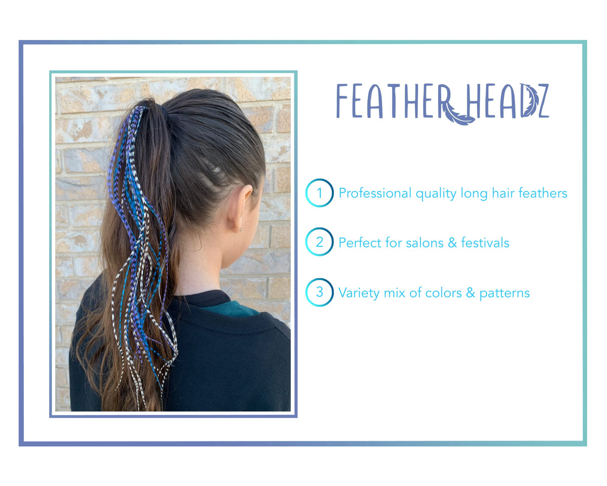 Feather Headz purple white turquoise grizzly extensions with heat-friendly real feathers.