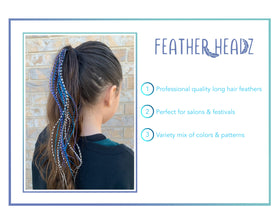 Feather Headz purple white turquoise grizzly extensions with heat-friendly real feathers.