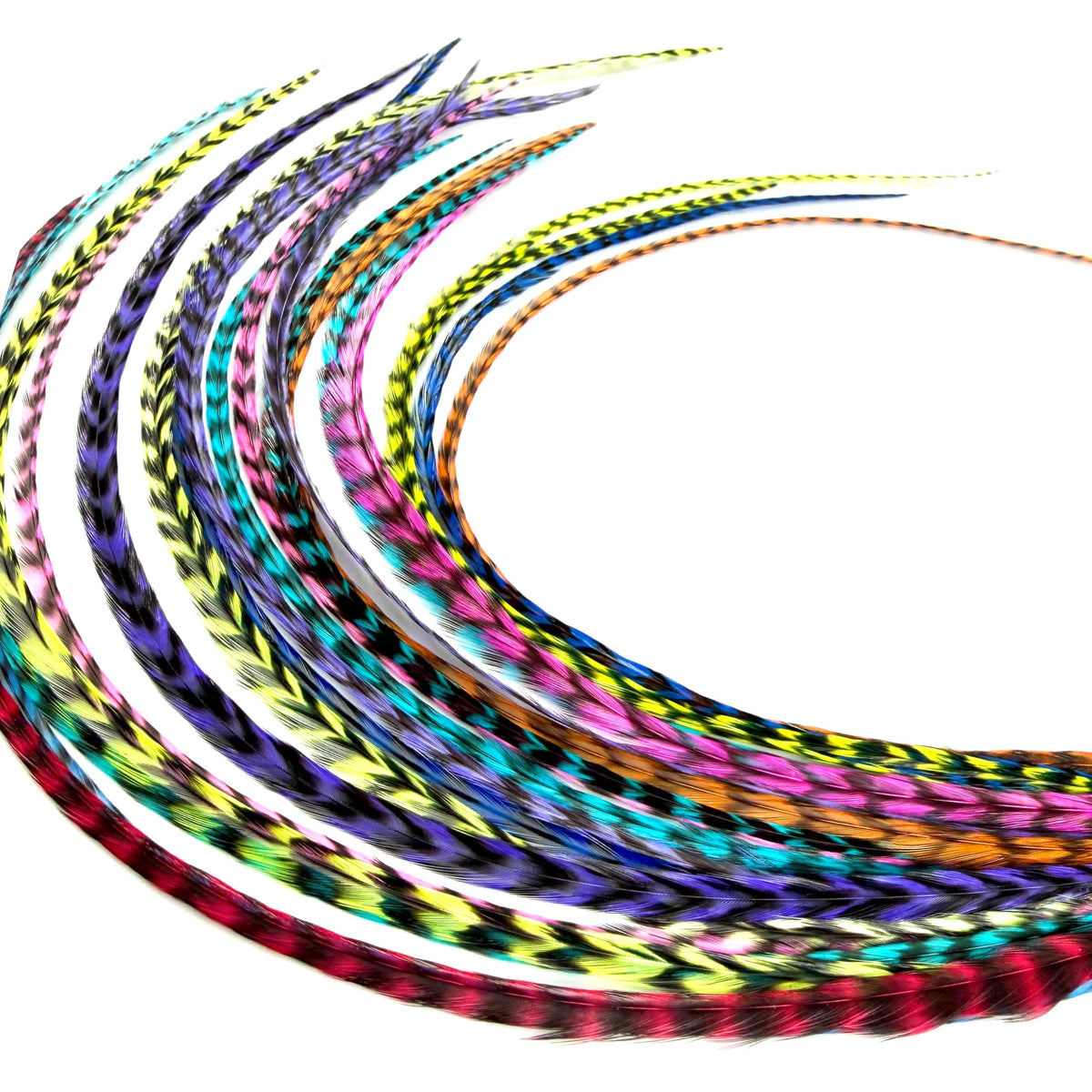 Feather Headz 21 Rainbow Grizzly extensions, bold color and 9-14 inch versatility for styling.