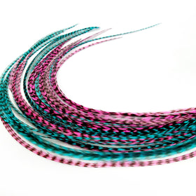 Feather Headz hot pink and turquoise grizzly extensions in 9–14 inches for bold boho color.