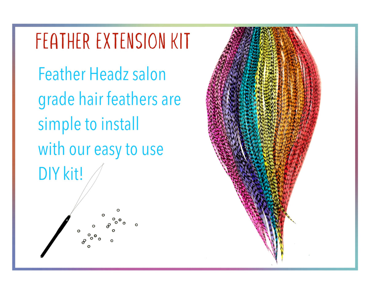 Feather Headz close-up of real rooster feathers in vibrant rainbow tones.