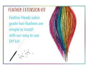 Feather Headz close-up of real rooster feathers in vibrant rainbow tones.