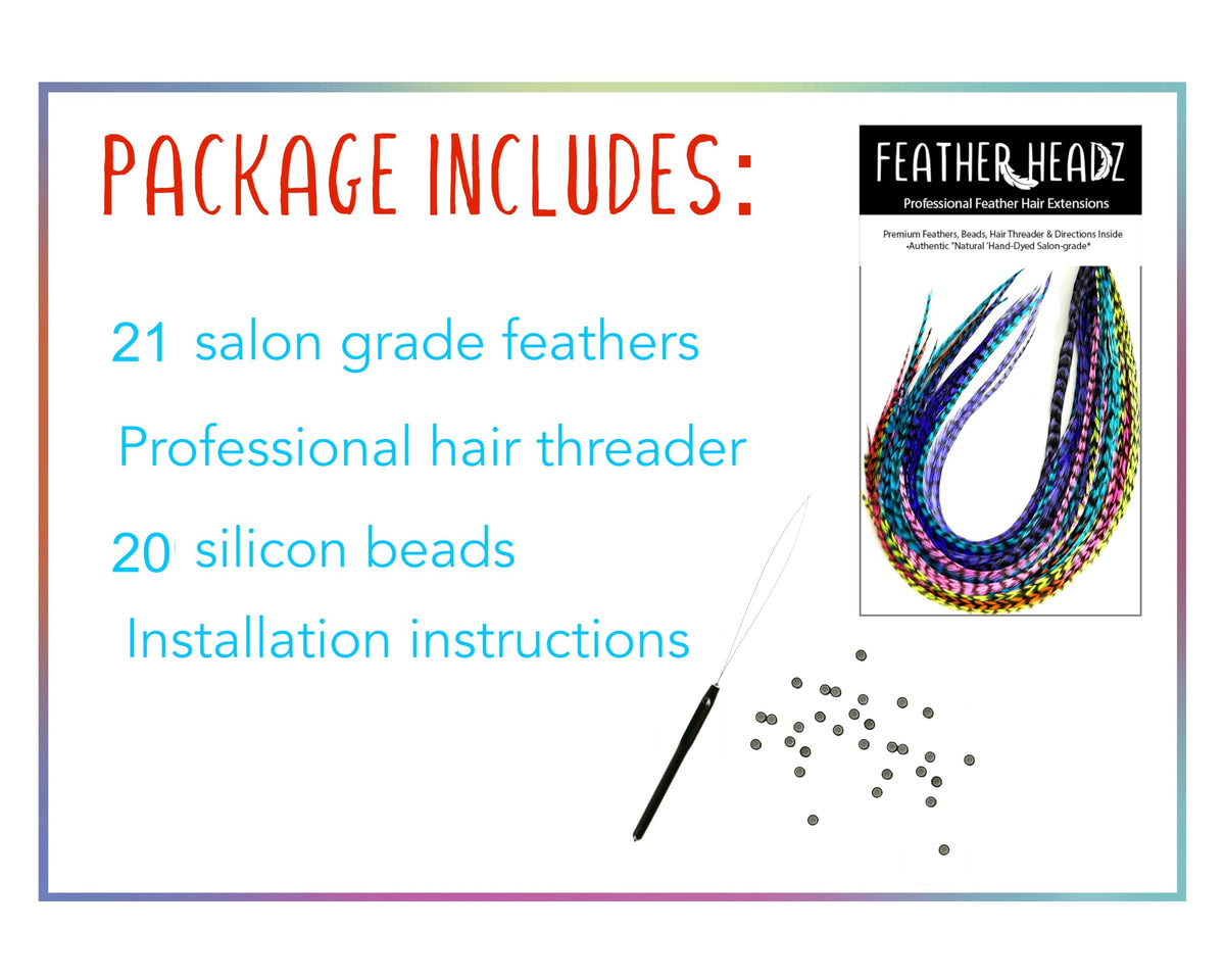 Feather Headz Rainbow Grizzly extensions shown on hair for quick color flair.