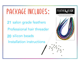 Feather Headz Rainbow Grizzly extensions shown on hair for quick color flair.
