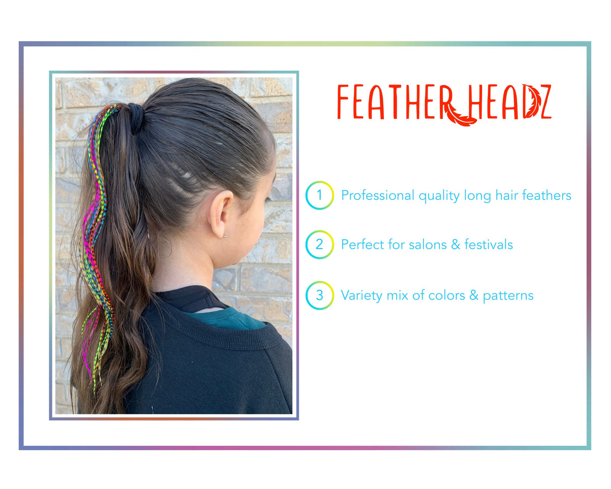 Feather Headz salon-grade rooster feathers suitable for curling and heat styling.
