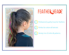 Feather Headz salon-grade rooster feathers suitable for curling and heat styling.