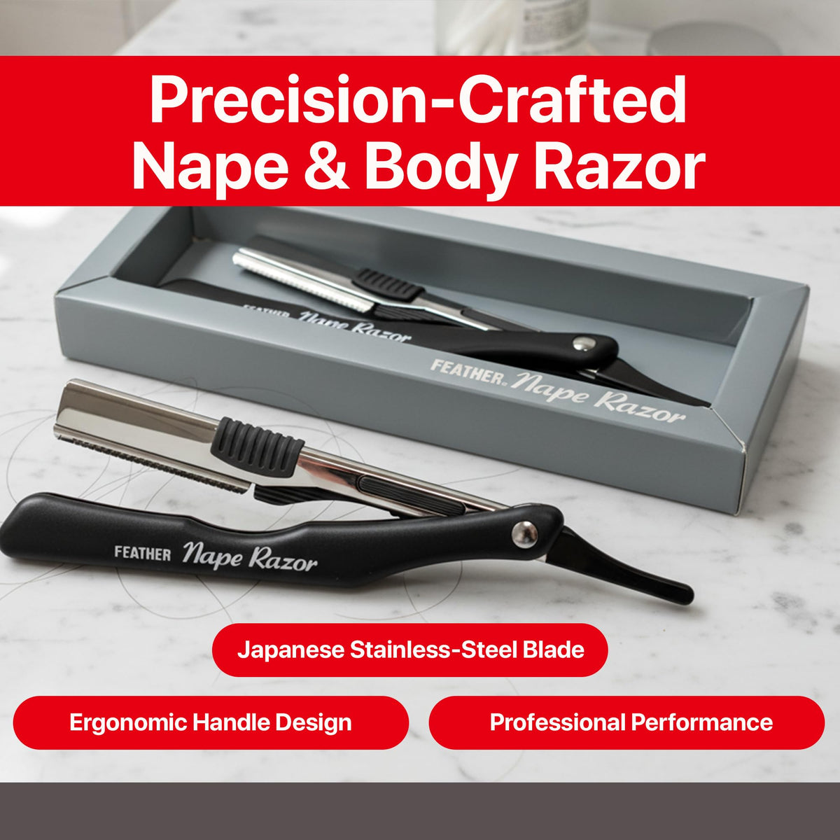 Feather Nape & Body Razor dermaplaning-ready tool for smooth prep.