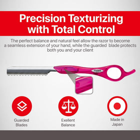 Close-up of Feather razor handle showing secure grip and blade alignment