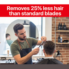 Feather blades with guard shown for safe, controlled shaping in salons
