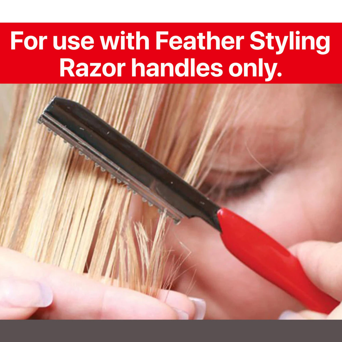 Professional hairstyling scene with Feather blades ready for thinning and texturizing
