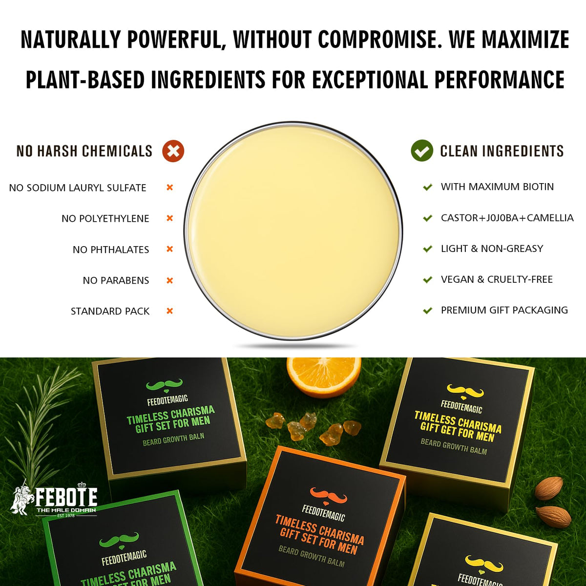 FEBOTE ingredients like biotin, castor oil, and jojoba featured for hair health.