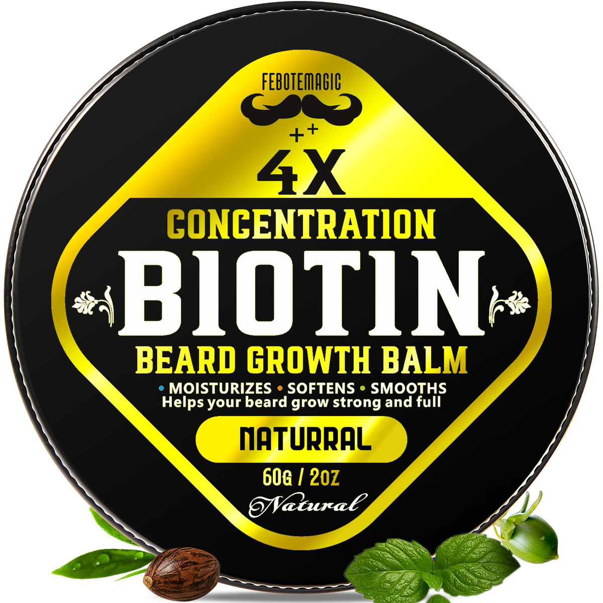 FEBOTE beard balm unscented tin shown, conditioning facial hair for a softer feel.