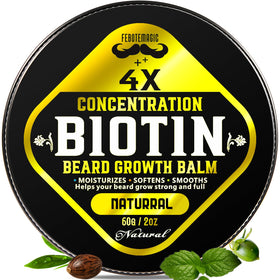 FEBOTE beard balm unscented tin shown, conditioning facial hair for a softer feel.