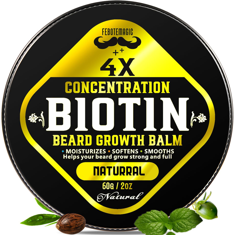 FEBOTE beard balm unscented tin shown, conditioning facial hair for a softer feel.
