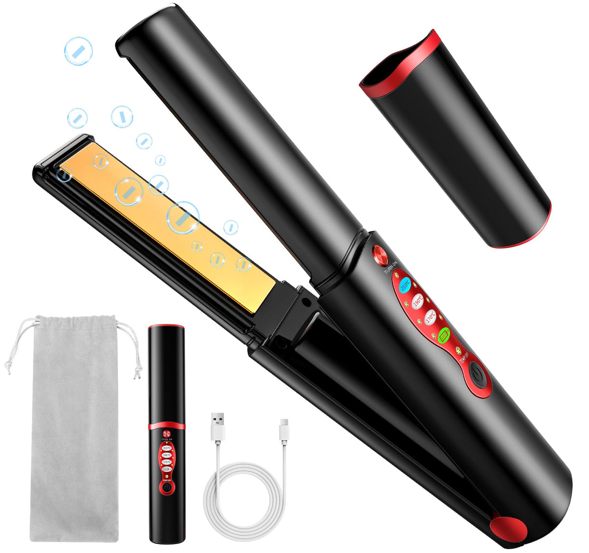 Fediman cordless straightener-curler in compact travel form for on-the-go styling.
