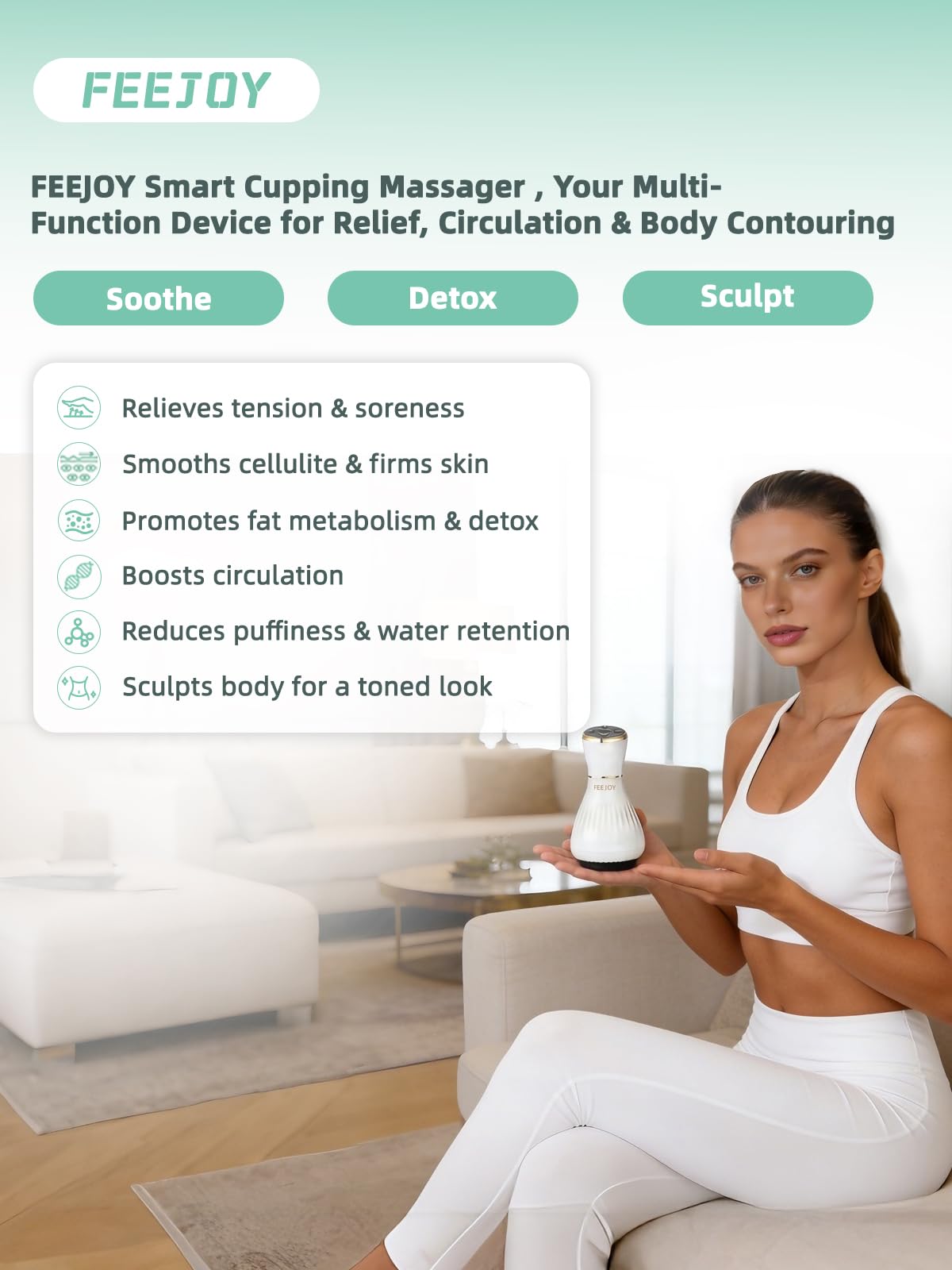 FEEJOY cupping massage device with heat head for smoother skin texture.