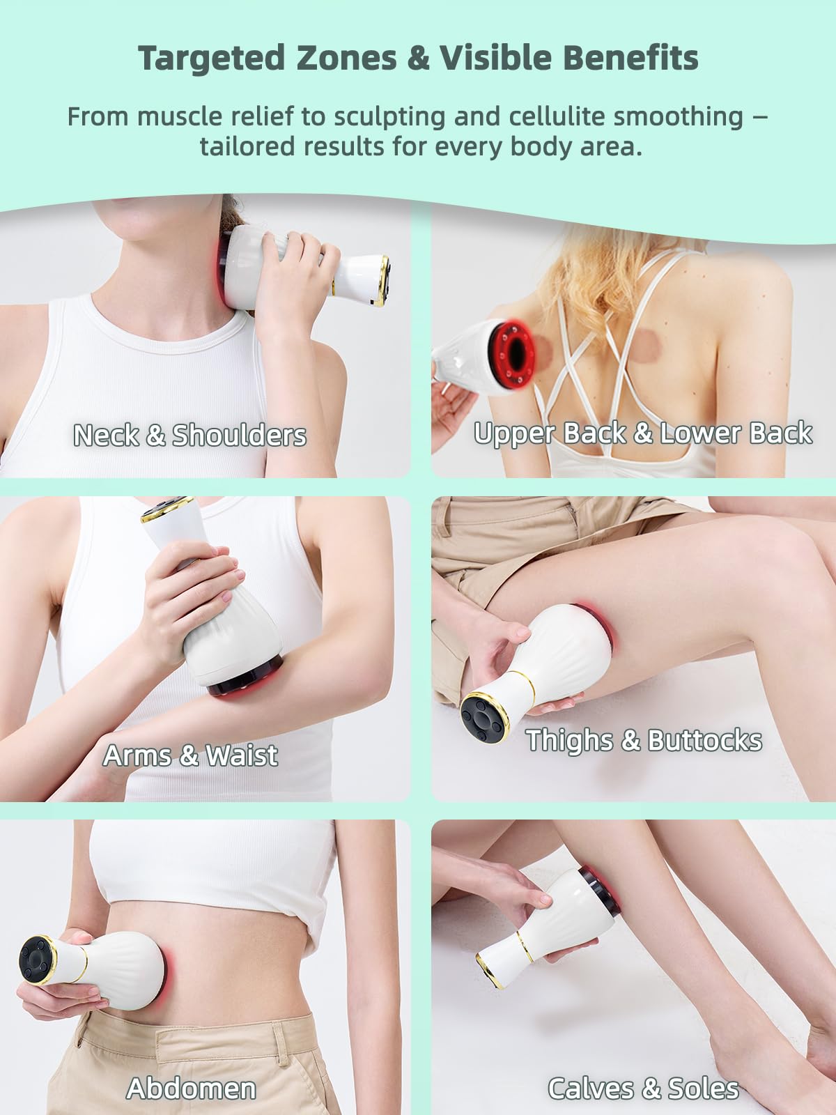 FEEJOY metal head with heat supports gentle lymphatic boost and contouring.