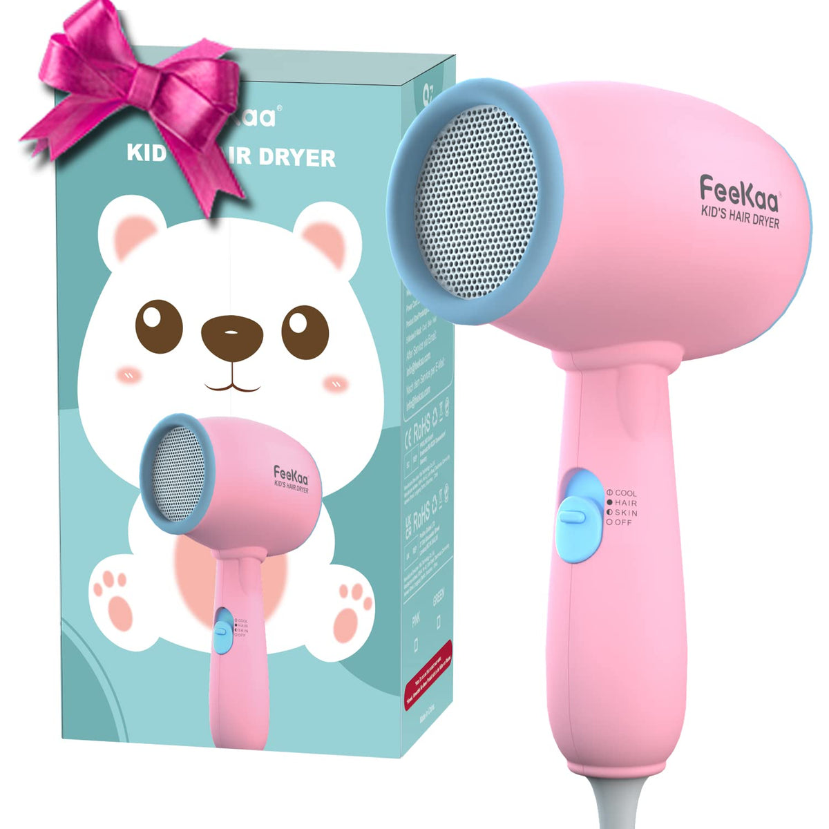 FeeKaa Kids Hair Dryer pink front view, lightweight for small hands.