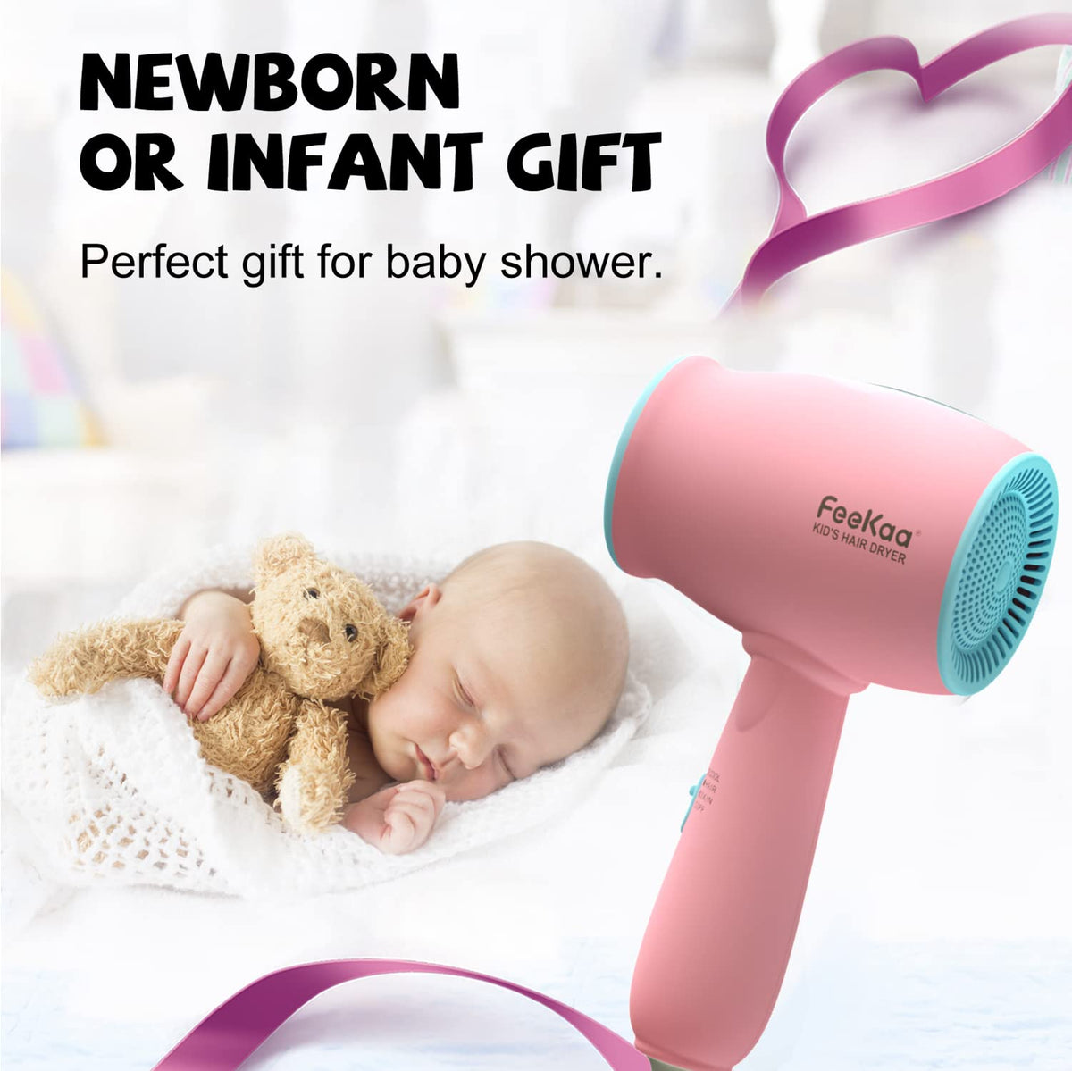 FeeKaa Kids Hair Dryer pink packaging, gift-ready for baby showers.