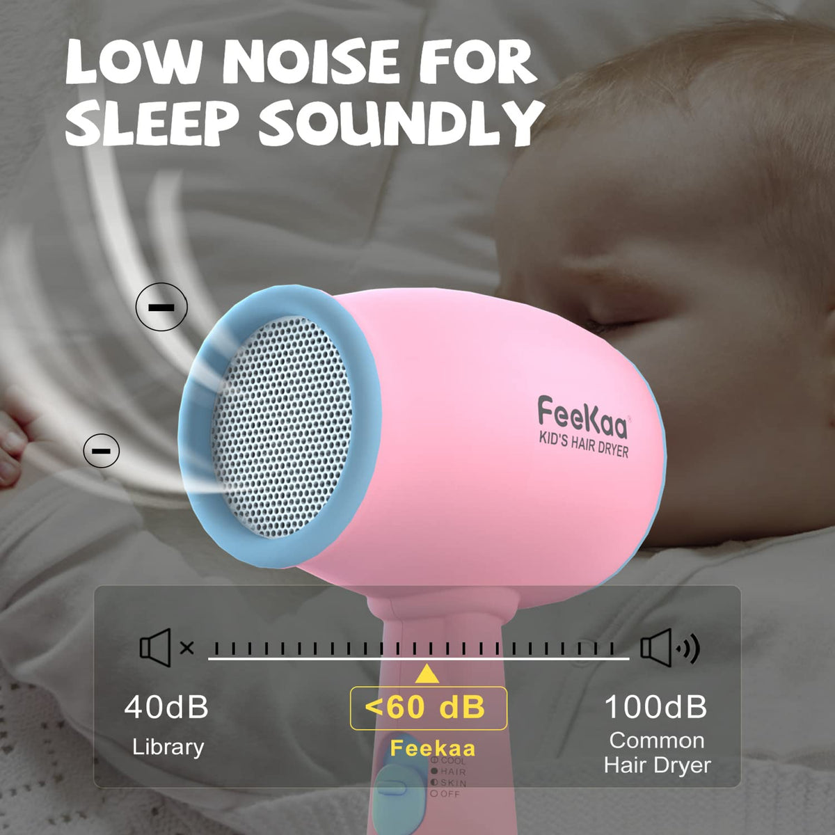FeeKaa Kids Hair Dryer pink back safety grid, finger protection.