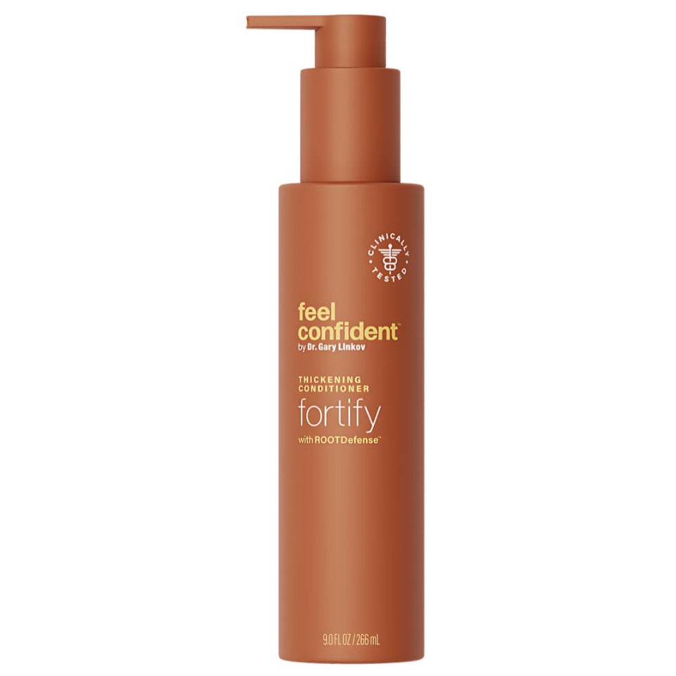 Feel Confident thickening conditioner bottle promotes fuller-looking hair over time.