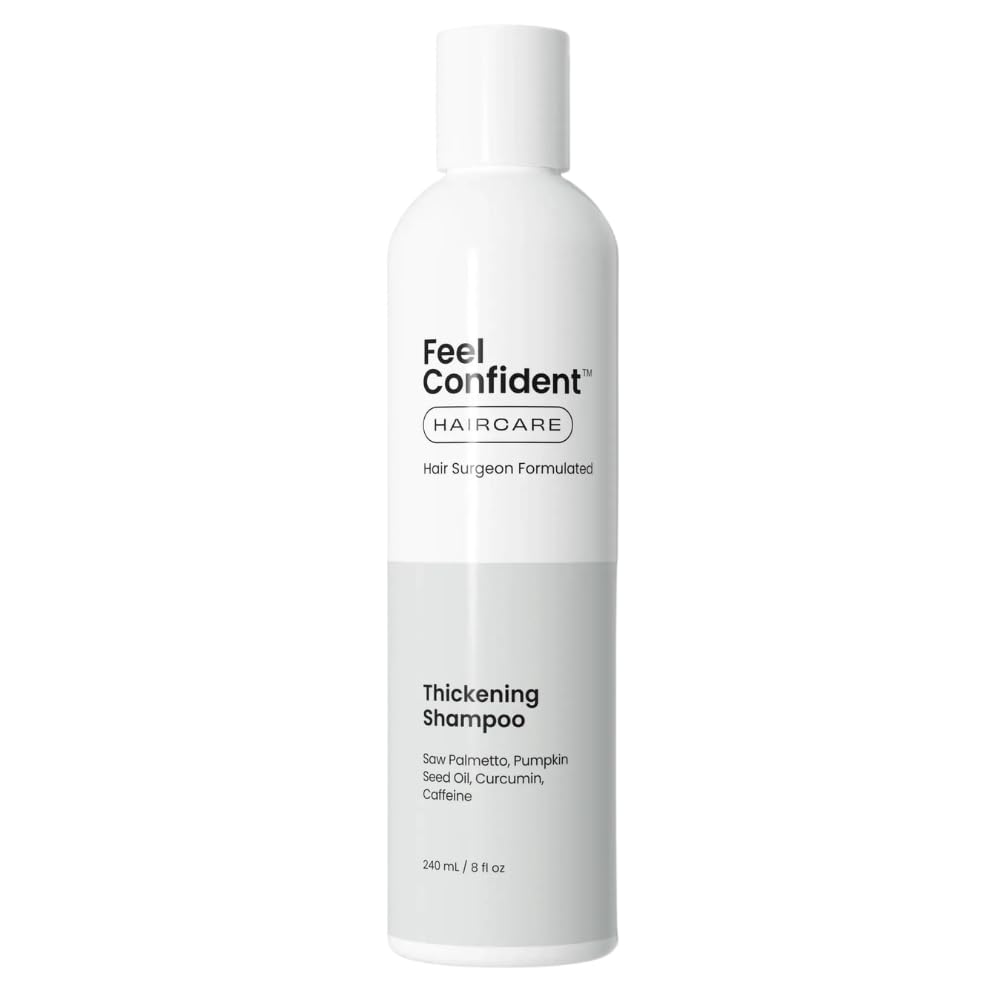 Feel Confident Thickening Shampoo bottle with denser-looking hair outcome in mind.
