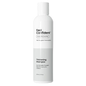 Feel Confident Thickening Shampoo bottle with denser-looking hair outcome in mind.