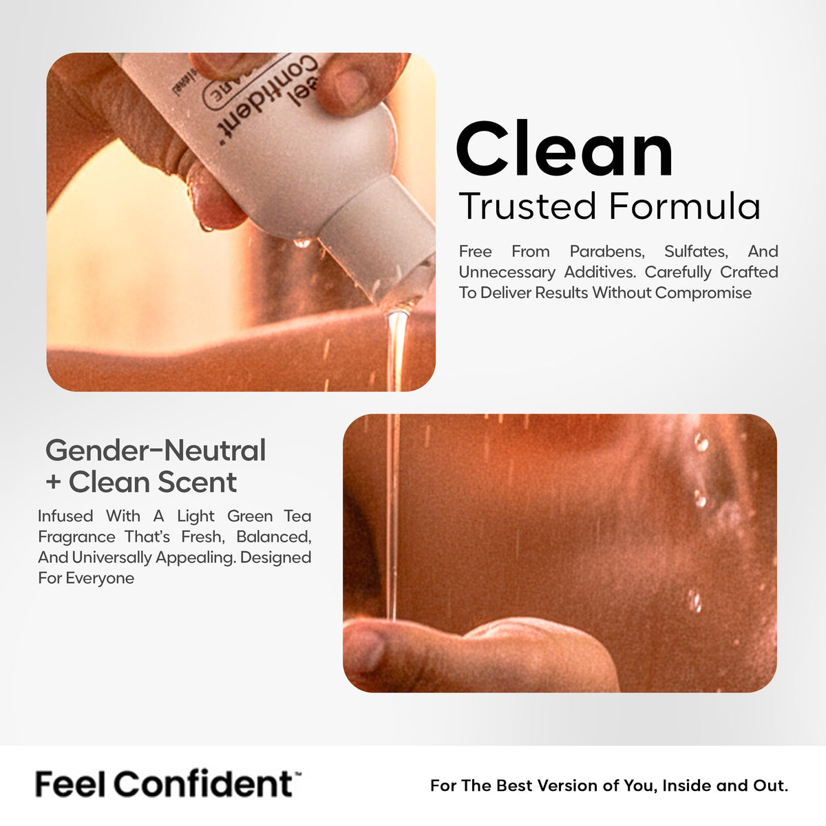 Feel Confident Thickening Shampoo closeup of ingredients and texture clarity.