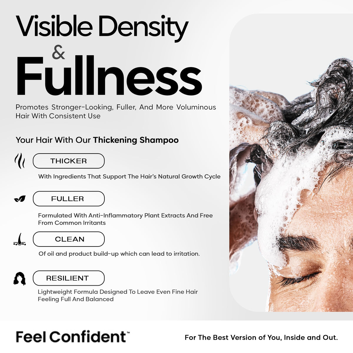 Feel Confident Thickening Shampoo label highlighting botanical blend and clean ingredients.