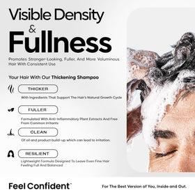 Feel Confident Thickening Shampoo label highlighting botanical blend and clean ingredients.