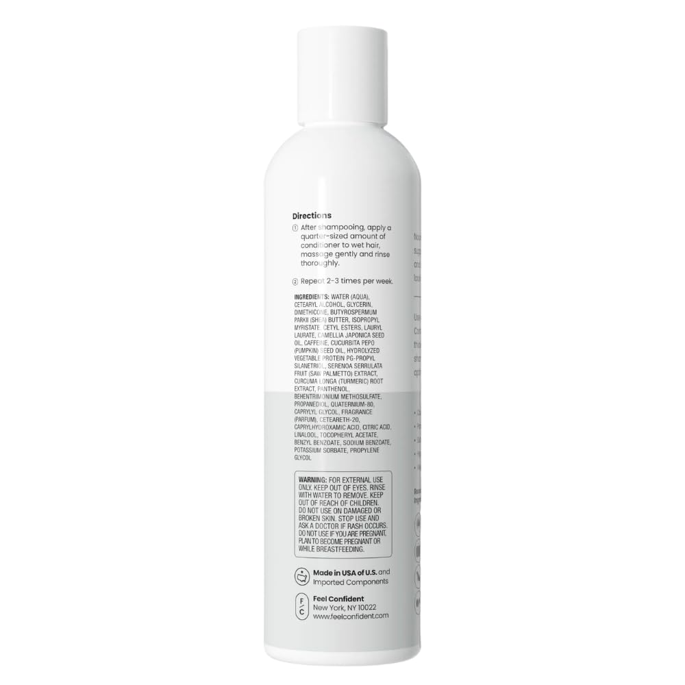 Feel Confident Thickening Shampoo pump showing easy daily use for all genders.