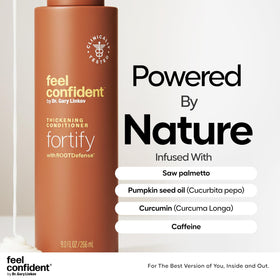Feel Confident turmeric root extract bottle highlights botanical care for thinning hair.