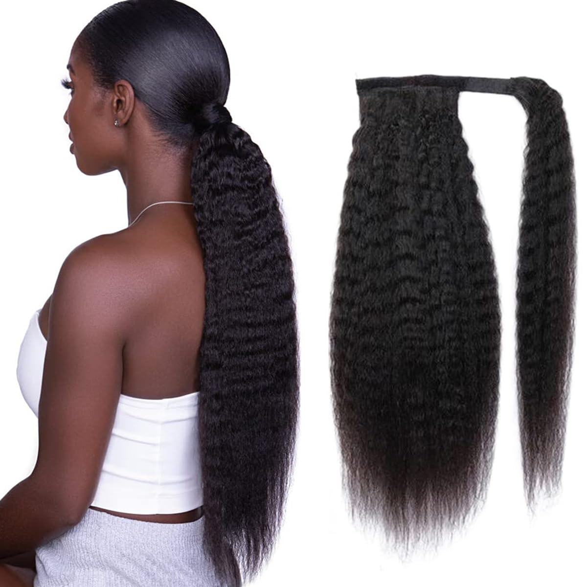 Feelgrace kinky straight ponytail extensions wrap-around for a natural, seamless look.