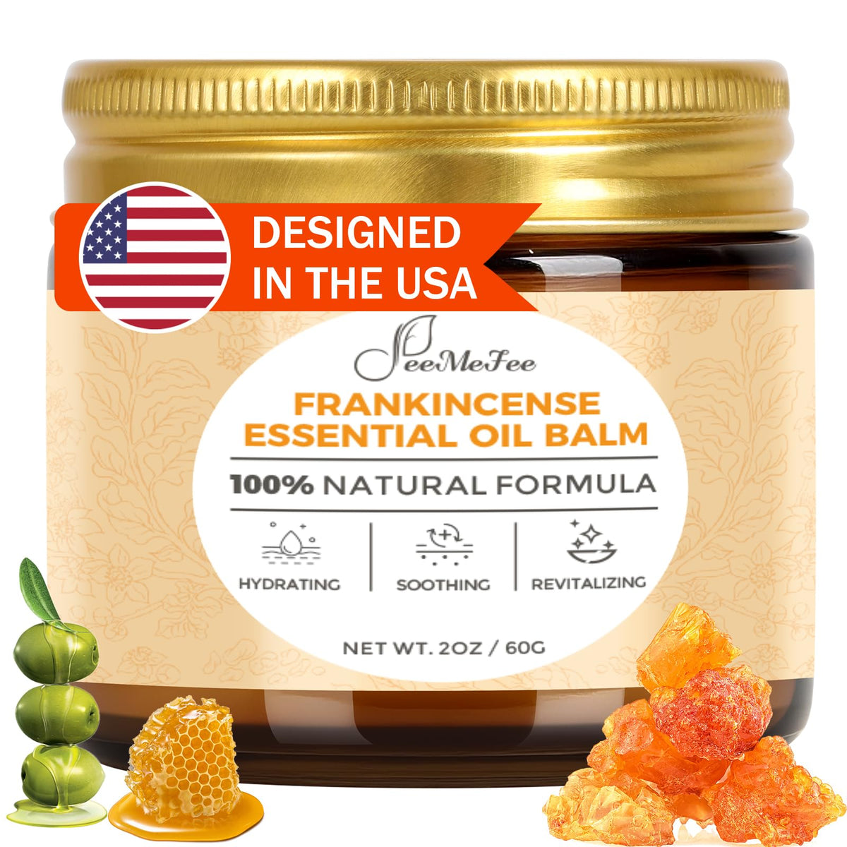 FeeMeFee Frankincense Balm 2oz tub provides deep hydration for dry skin.