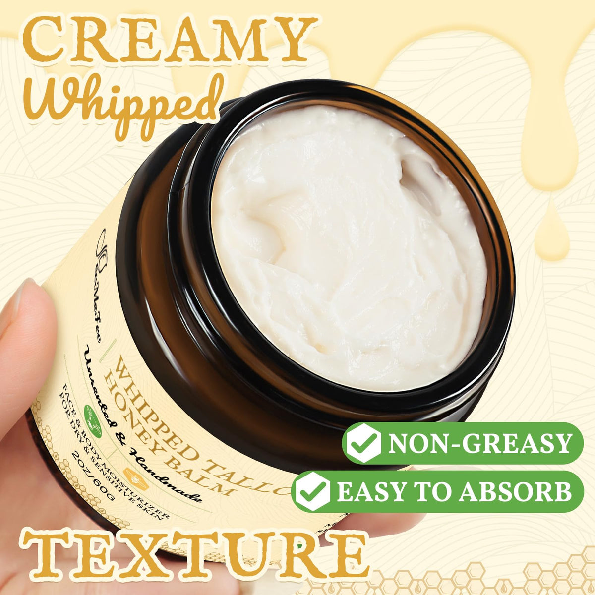 Unscented FeeMeFee tallow face cream on skin.