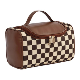 FEEZUSH makeup bag front view shows brown checkered pattern for travel-ready storage