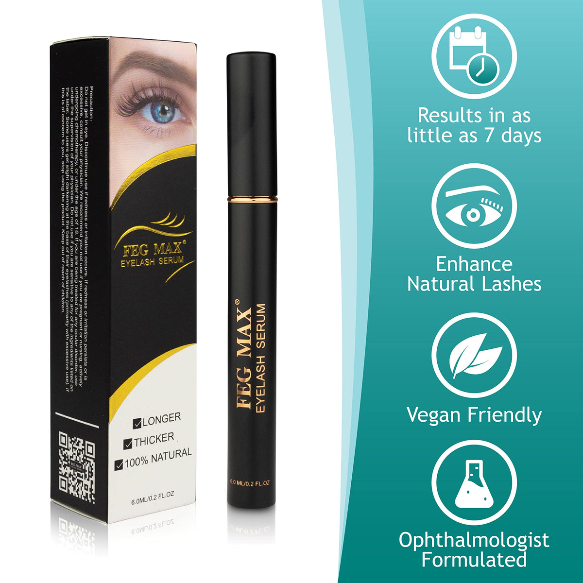 FEG Max Eyelash Serum packaging flat lay highlights natural formula.