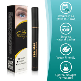 FEG Max Eyelash Serum packaging flat lay highlights natural formula.